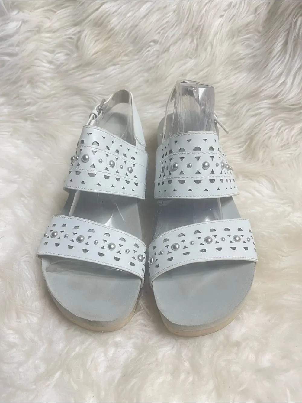 Earth White Pine Toba leather white Perforated Studded Wedge Sandals